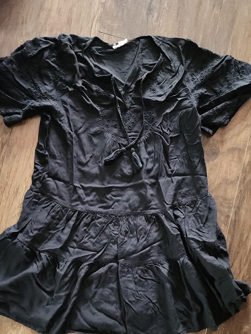 Black Tie-Front Tiered Short-Sleeve Dress